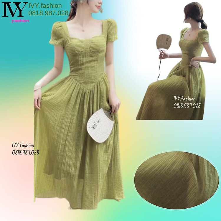 Đầm midi tay phồng tơ Xốp nhăn mềm mịn xanh bơ cúp ngực dáng xòe dài đi biển dự tiệc cao cấp size S M L