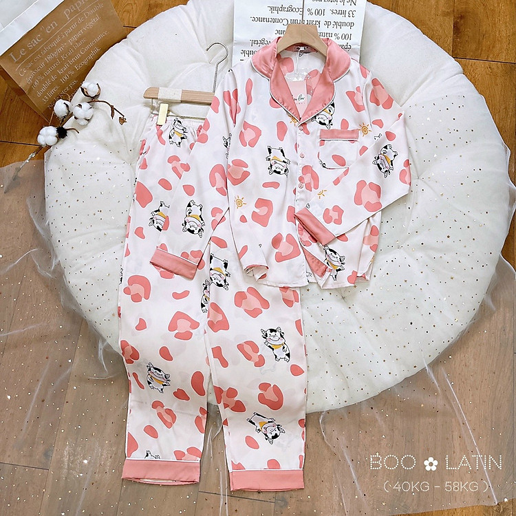 Đồ bộ pijama tay dài quần dài lụa latin cao cấp freesize 40-58kg_đồ bộ boo boo pijama