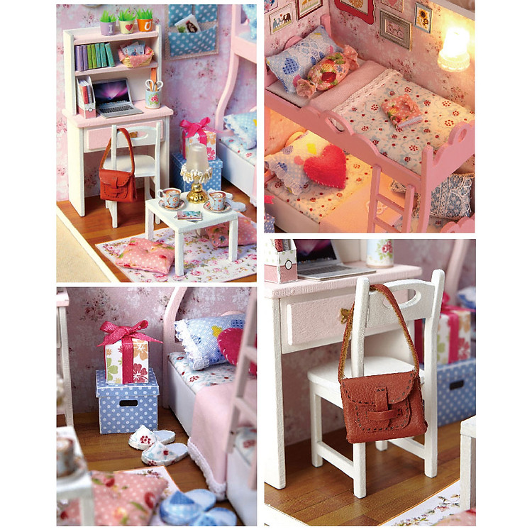 Nhà Búp Bê Lắp ghép màu hồng xinh xắn cho bé gái kèm keo dán, dụng cụ lắp ghep và mica