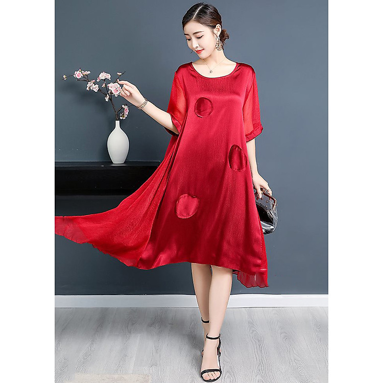 Váy dáng suông thiết kế đơn giản đem lại sự sang trọng dành cho tuổi trung niên A44 màu đỏ, đen