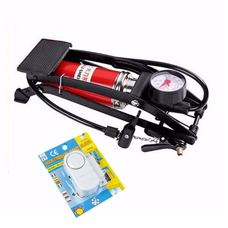 Bơm hơi đạp chân bơm xe máy xe đạp, bơm bóng tặng kèm báo trộm gắn của