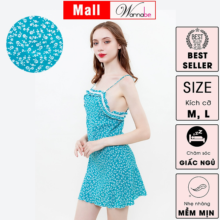 Đầm ngủ WANNABE váy ngủ DNS94 áo ngủ 2 dây lụa mango mềm mịn in hoa nhỏ dễ cưng tôn lên vẻ trẻ trung xinh xắn đẹp gái