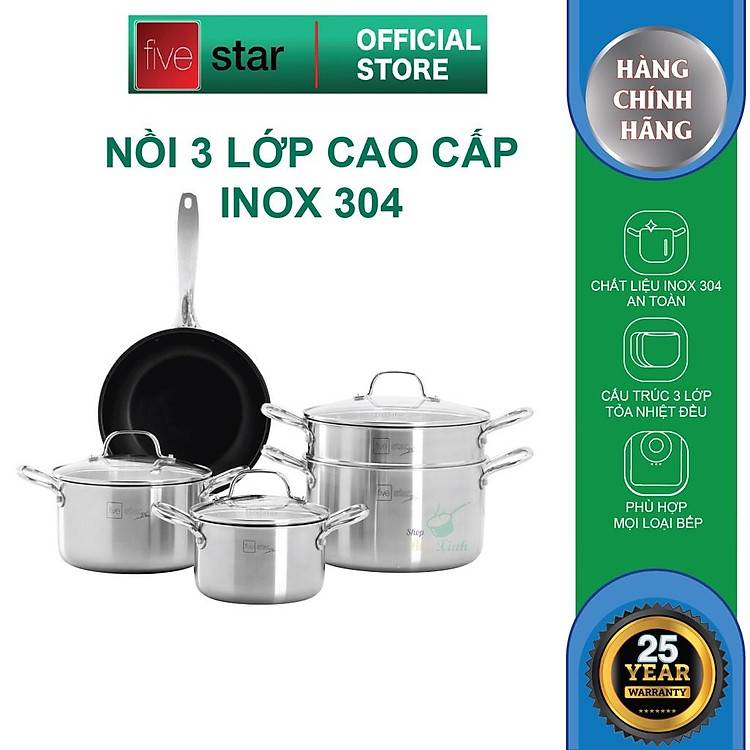 Bộ nồi chảo chống dính 3 lớp đáy liền Inox 304 Fivestar Plus FPB5006 nắp kính , bảo hành 25 năm - tặng 1 vá canh