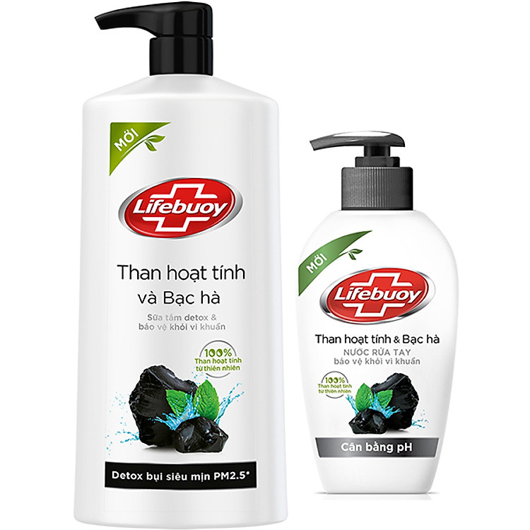 Combo Sữa Tắm (850g) Và Nước Rửa Tay (180g) Lifebuoy Than Hoạt Tính Và Bạc Hà