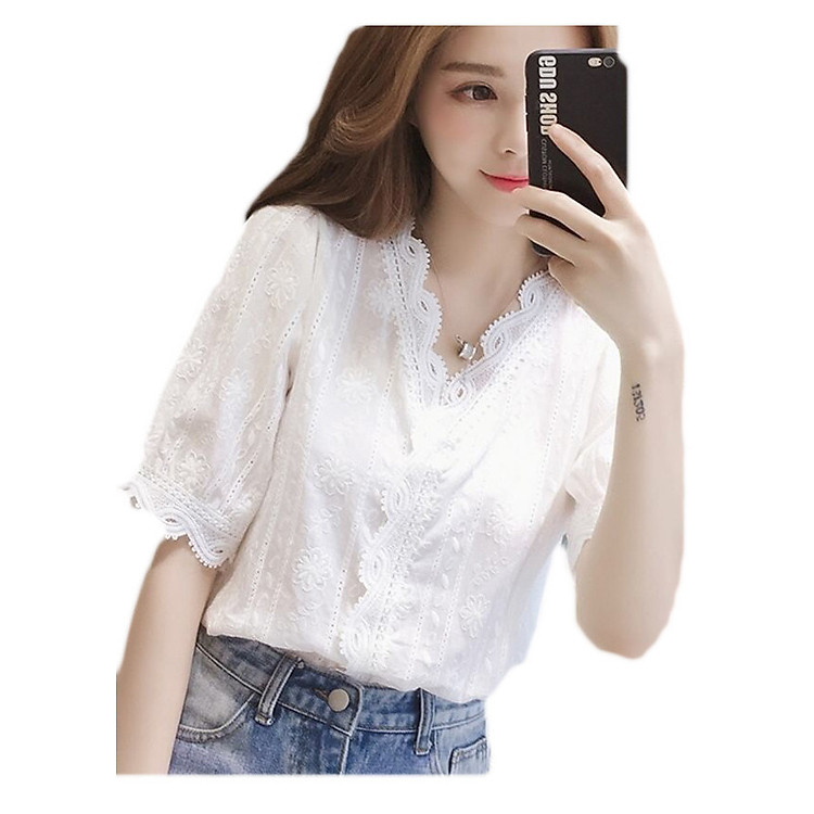 Áo sơ mi nữ cổ ren hoa chìm (Trắng)