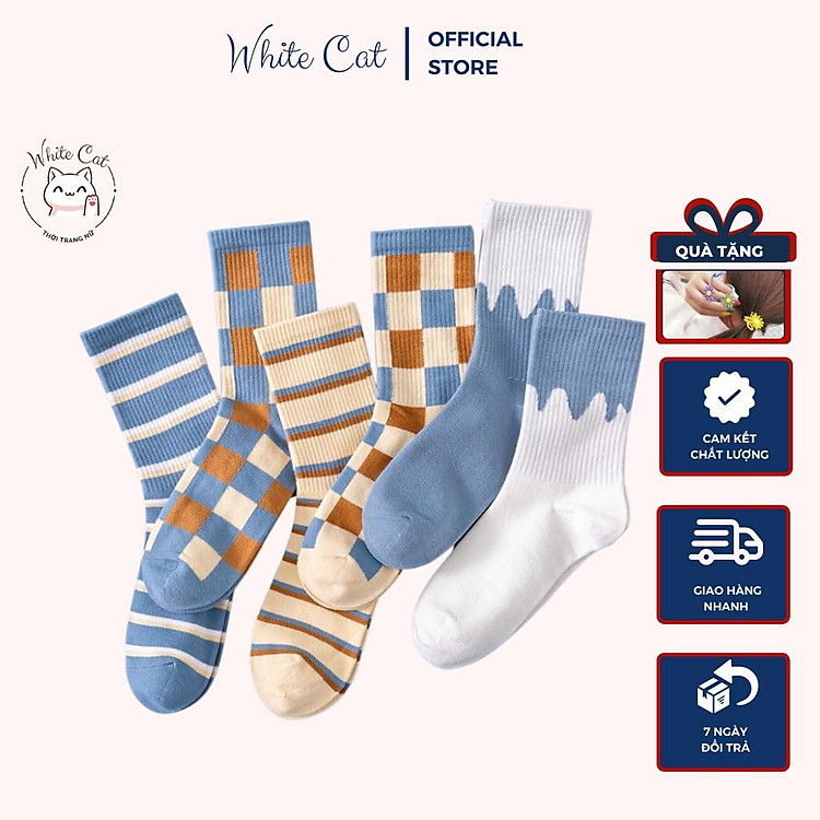 Set 5 đôi Tất Vớ Nữ Cao Cổ Nhiều Màu Cotton Hàn Quốc Cute