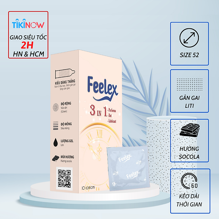 Bao cao su Feelex 3in1 gân gai, nhiều gel bôi trơn, kéo dài thời gian quan hệ