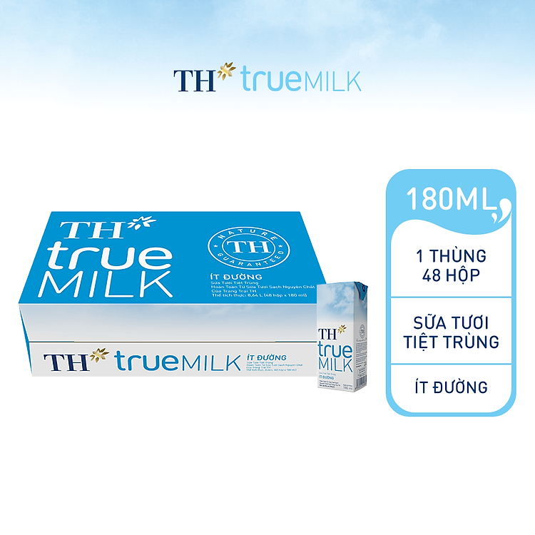 Thùng 48 hộp sữa tươi tiệt trùng TH true MILK ít đường 180 ml (180 ml x 48)