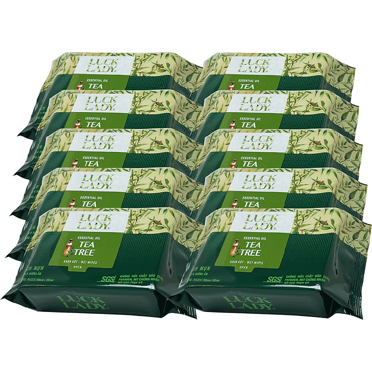 Combo 10 Gói Khăn Ướt Luck Lady Tea Tree (25 Tờ/ Gói)