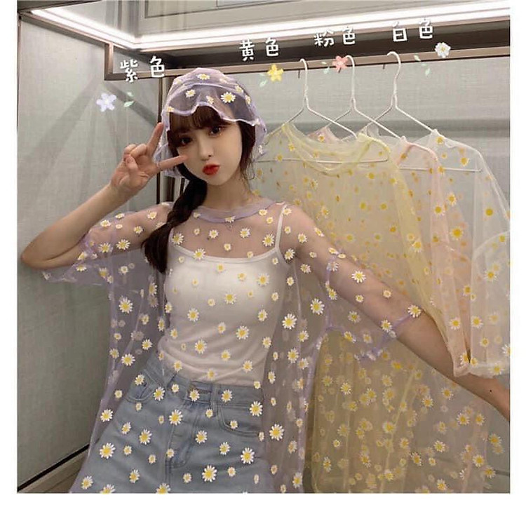 Set 2 Món Áo 2 Croptop 2 Dây + Áo Lưới Hoa Cúc 3 Màu Siêu Xinh
