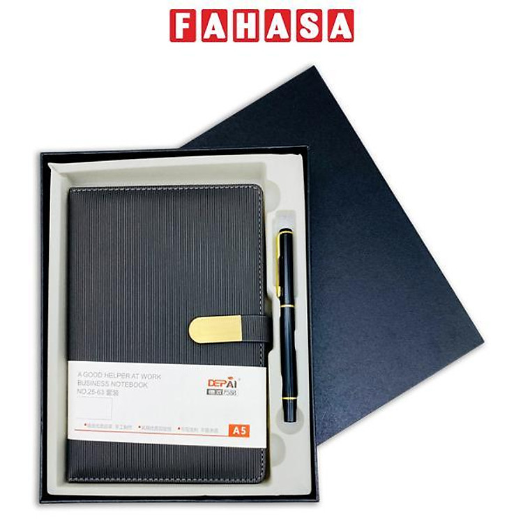 Bộ Quà Tặng Sổ Bìa Da Khóa Gài Kim Loại Kèm Bút Ký - 232 Trang 80gsm - Depai NO.25-63 - Mực Xanh - Màu Đen