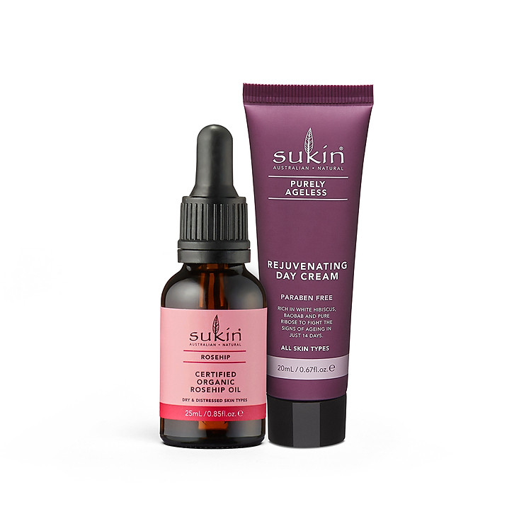 Bộ đôi dưỡng ẩm & trẻ hóa da Sukin (Tinh dầu tầm xuân Rosehip Oil 25ml + Kem dưỡng trẻ hóa da Purely Day Cream 20ml)