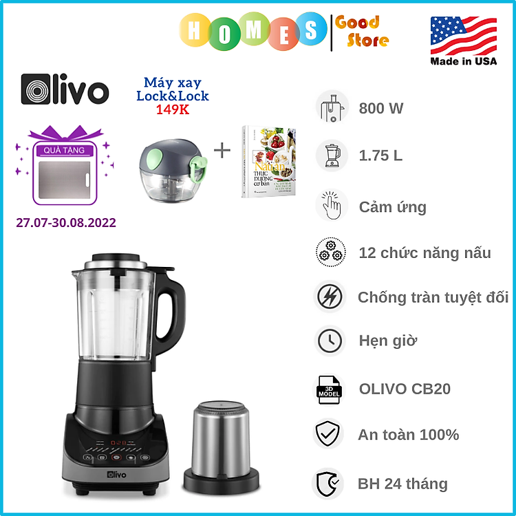 Máy Nấu Sữa Hạt Olivo CB20 Thương Hiệu Mỹ Cao Cấp Gồm 12 Chức Năng Tự Vệ Sinh Khử Khuẩn - Hàng Chính Hãng
