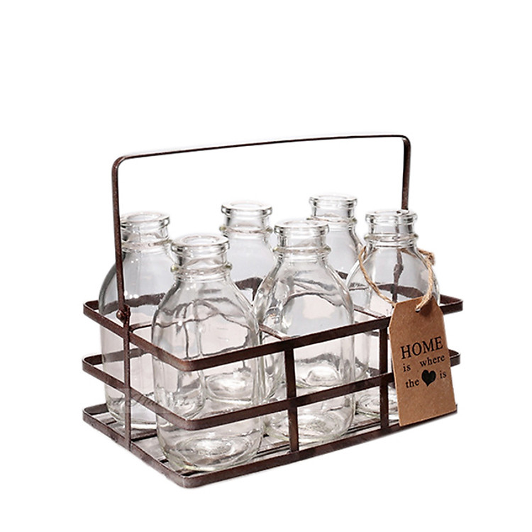 Bộ 6 lọ hoa thủy tinh giá sắt độc đáo