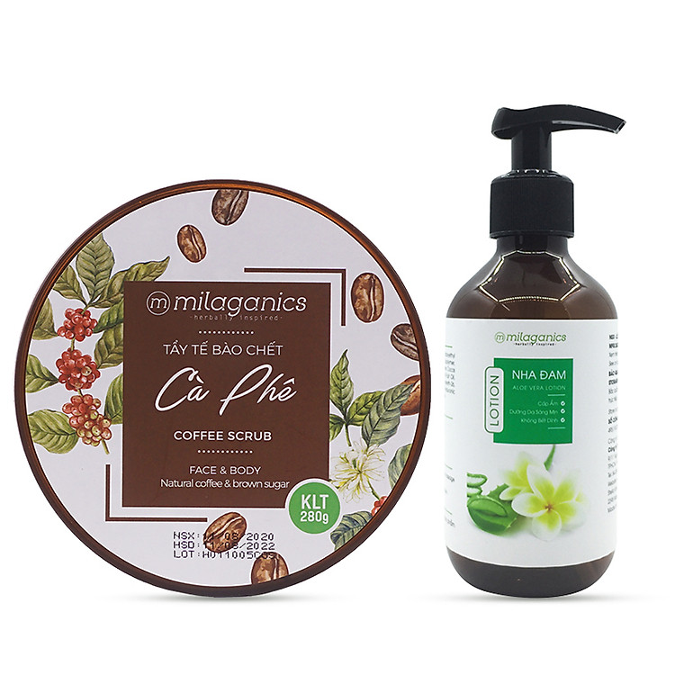 Bộ Đôi Dưỡng Ẩm & Detox Toàn Thân Tẩy Tế Bào Chết Cà Phê & Body Lotion Nha Đam MILAGANICS (500ml/ Bộ)