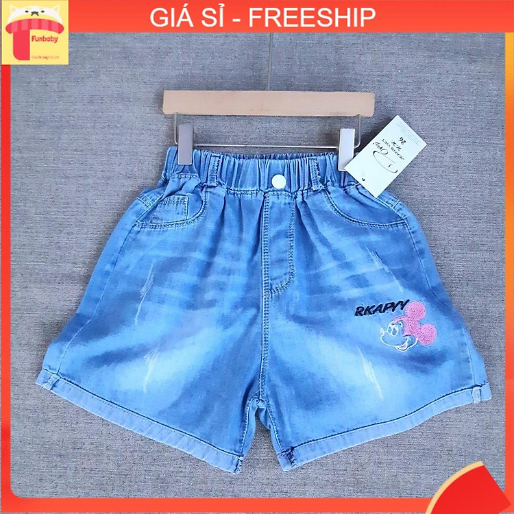 Quần jean bé gái 9-13 tuổi thêu chữ RKAPYY và mickey, Quần đùi bò cho bé vải mềm thoáng mát ống quần rộng