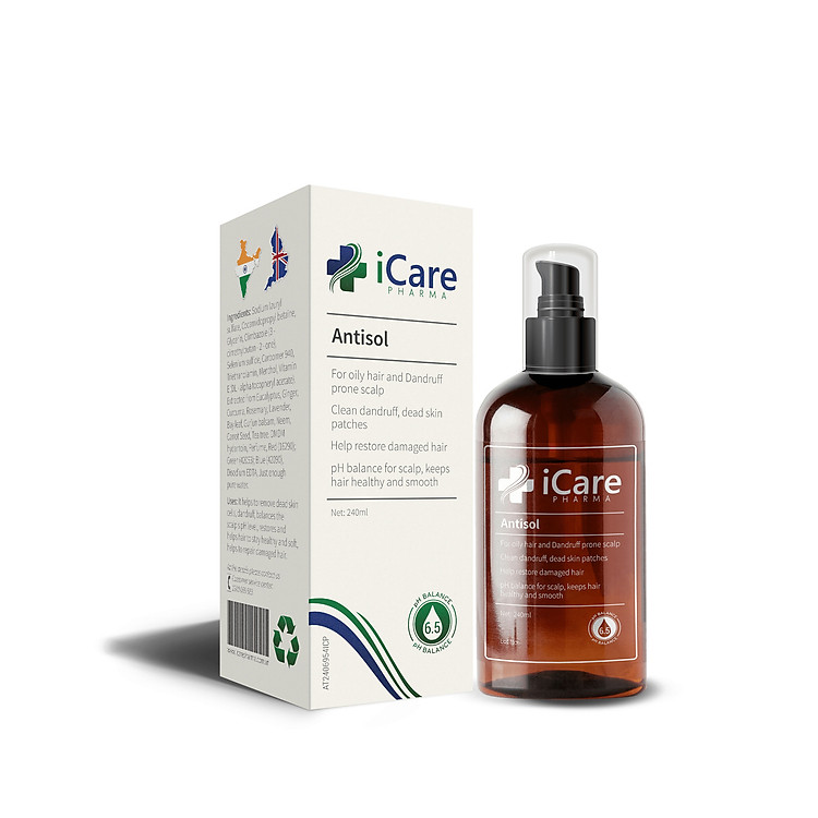 Dầu Gội Sạch Gàu Antisol pH6.5 Chiết Xuất Dược Liệu Ngăn Ngừa Gàu, Rụng Tóc, Ngứa Da Đầu Tái Phát - Chai 240ml - Thương Hiệu iCare Pharma