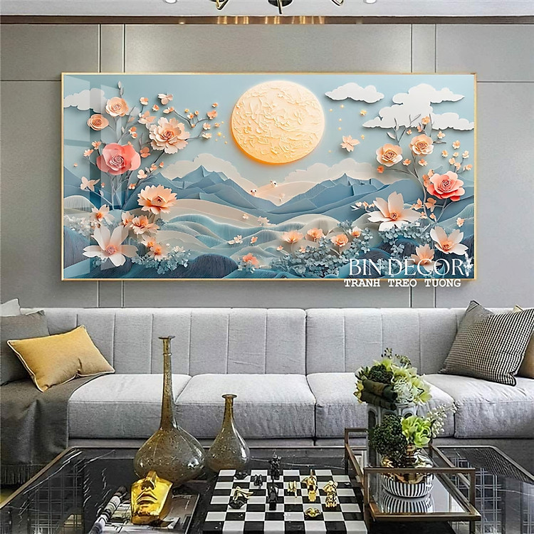 (HCM) Tranh treo tường tráng gương hoa dưới ánh trăng trang trí decor phòng khách kèm đinh treo