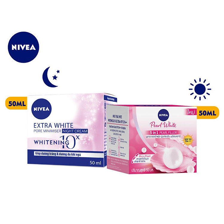 Bộ Đôi Kem Dưỡng Ngày Và Đêm Nivea Chiết Xuất Ngọc Trai Giúp Dưỡng Trắng Và Se Khít Lỗ Chân Lông (Kem Dưỡng Ban Ngày 50g - 82335 & Kem Dưỡng Ban Đêm 50g- 86740)
