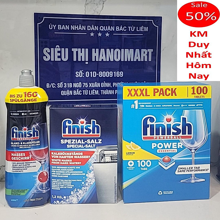 Combo Viên rửa bát fnish All in one 100 viên+Dung dịch nước làm bóng finish 750ml+Muối rửa bát chén finish 750ml cho Máy rửa bát