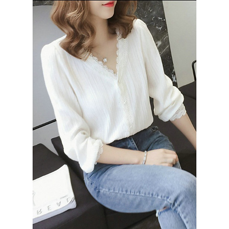 Áo sơ mi nữ dài tay cổ V phối ren mua thu LAH fashion
