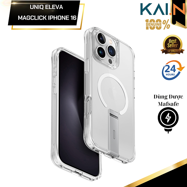 Ốp Lưng trong suốt sạc từ tính UNIQ MAGCLICK CHARGING ELEVA Dành cho iPhone 16 Promax/ 16 PRO, có chân đế_ Hàng chính hãng