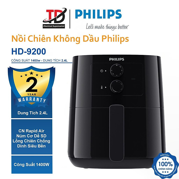 Nồi Chiên Không Dầu Philips HD9200 - 4.1Lit/1400W - Hàng Chính Hãng