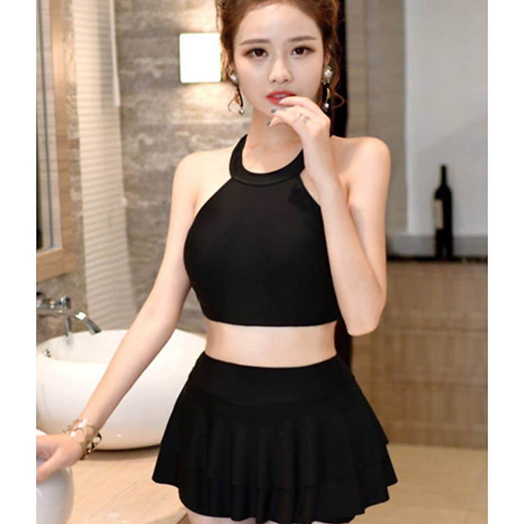 Bikini, Đồ Bơi Đi Biển Hai Mảnh Áo Yếm, Chân Váy Hai Tầng Hở Lưng Secxy Oderi KG29