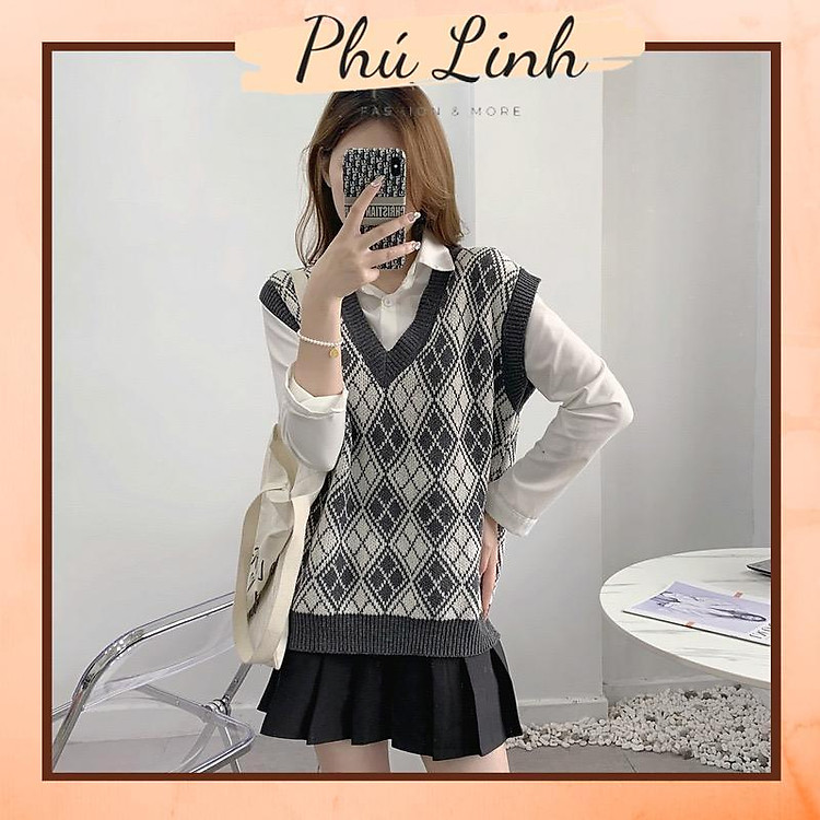 MS790 Áo gile len nữ cổ tim hoạ tiết trám Hàn quốc