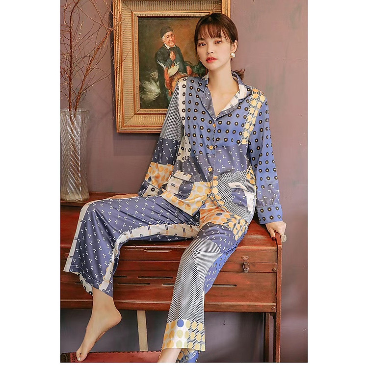 Bộ ngủ pijama lụa cao cấp quần dài tay dài họa tiết phối túi 2 bên
