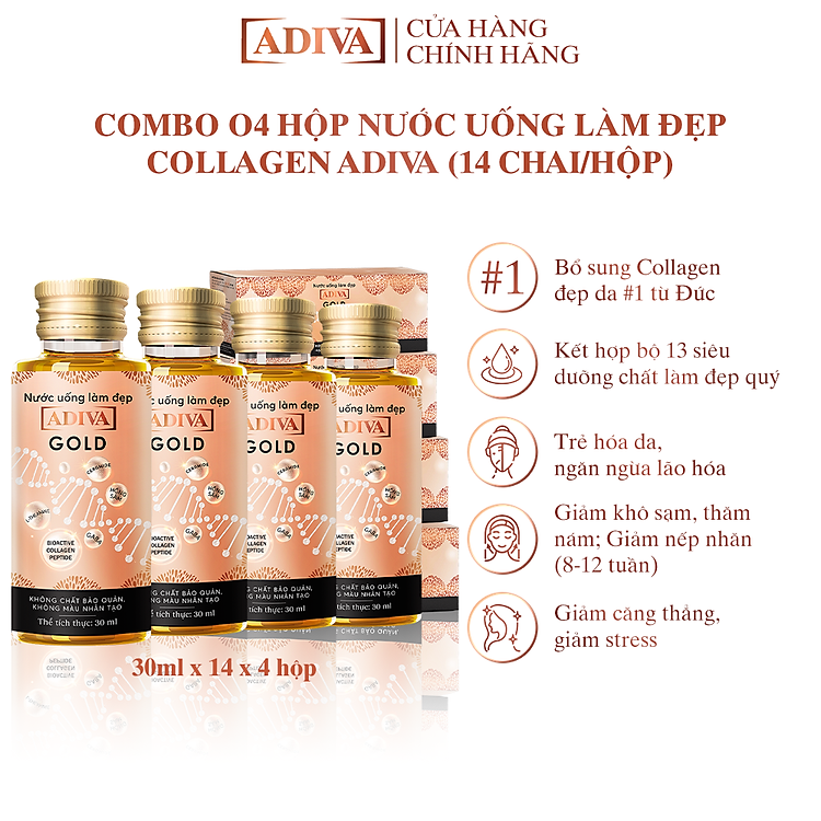 Combo 4 Hộp Nước Uống Làm Đẹp Collagen ADIVA Gold (14 Chai/Hộp)- Giúp Làn Da Căng Mịn, Giảm Nếp Nhăn Và Chống Lão Hóa