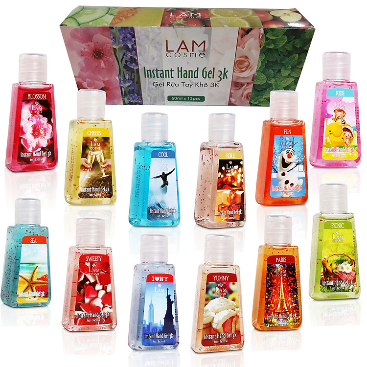 Hộp 12 chai Gel rửa tay khô 3k (60ml) Lamcosmé Set Gia đình, Công thức độc quyền 3K (Không nước, không khăn, không khuẩn)