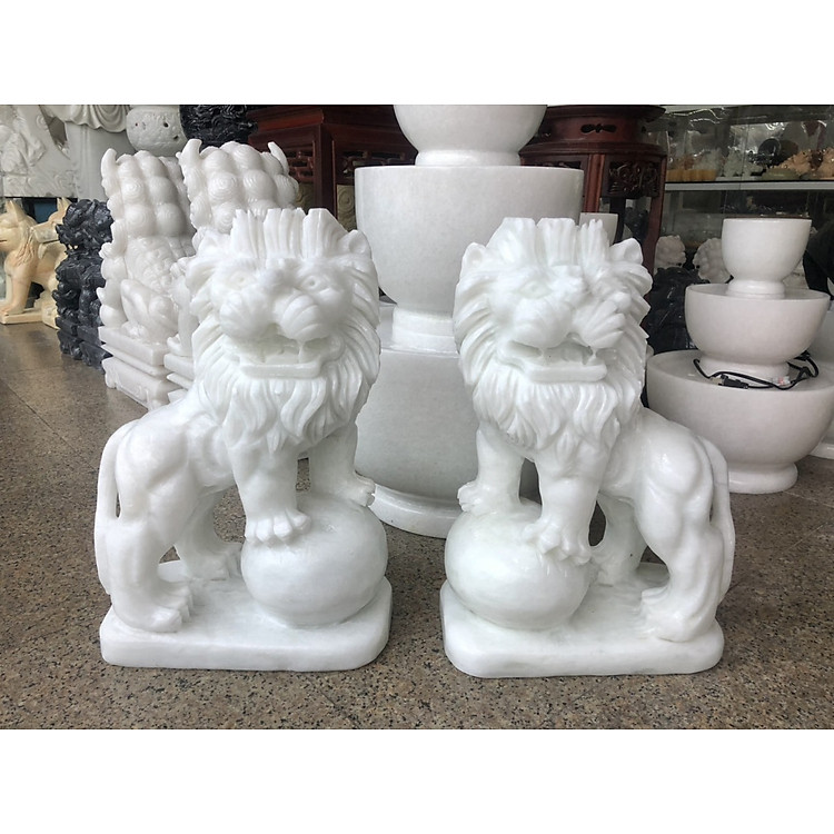 Cặp tượng sư tử phong thủy gác cổng, để mộ đá cẩm thạch trắng - Cao 40 cm