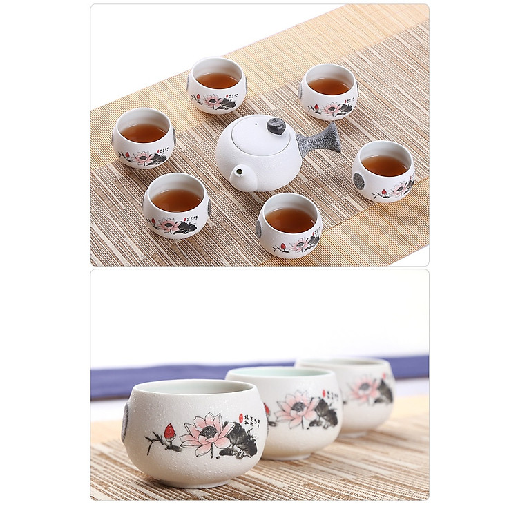 Bộ Bình Trà Tĩnh Tâm Chất liệu Bột Đá và Men Tráng Sứ Cao Cấp Họa Tiết Đóa Sen Hồng -F990