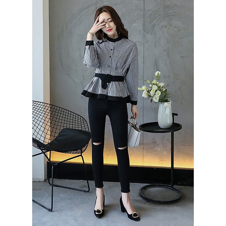 Áo Sơ Mi Nữ Kẻ Caro Thắt Đai Eo