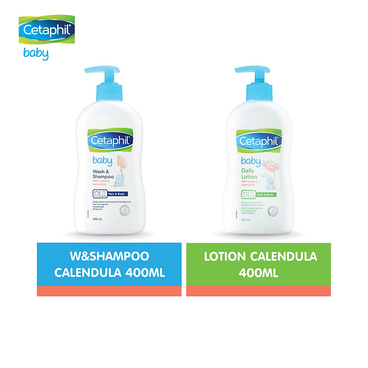 Combo Sữa tắm gội Cetaphil Baby W&S with Organic Calendula 400ml + Sữa dưỡng thể Cetaphil Baby with Organic Calendula 400ml