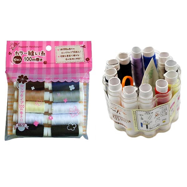 Combo Set 10 cuộn chỉ màu sắc (mẫu 1) + Hộp đựng kim chỉ Makoto nội địa Nhật Bản - Giao màu ngẫu nhiên