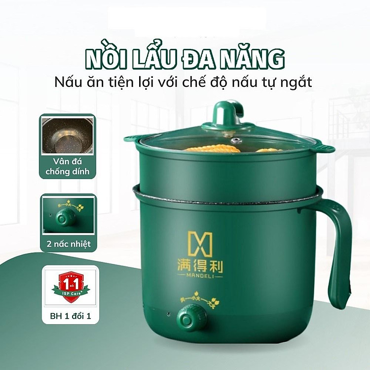 Nồi Lẩu Điện Mini, Ca Nấu Mỳ 2 Tầng Kèm Giá Hấp Xào, Luộc, Chiên Đa Năng
