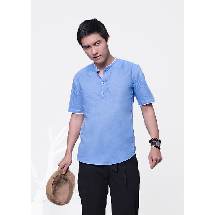 Áo thun nam cộc tay cổ tròn lé cổ lam Rough
