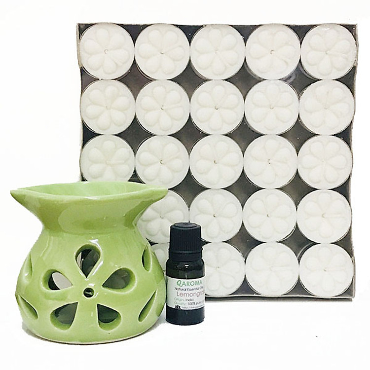 Combo Đèn Đốt Tinh Dầu Hình Tim Lá Kèm 50V Nến 4 -5 Giờ Và Tinh Dầu 10ml