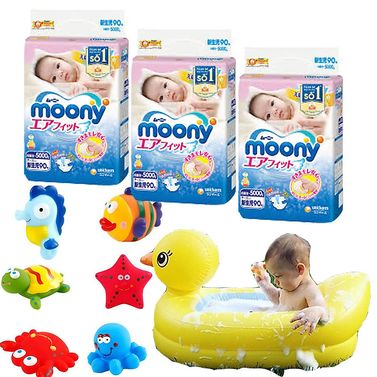 Combo 3 gói tã dán Moony cao cấp size NB90/S84/M64/XL44 tặng chậu tắm phao vịt vàng