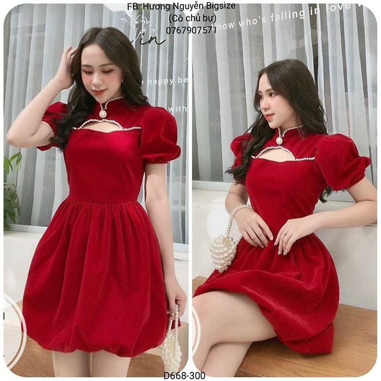 60-90kg Bigsize ĐẦM ĐỎ ĐÍNH NGỌC CỔ D668