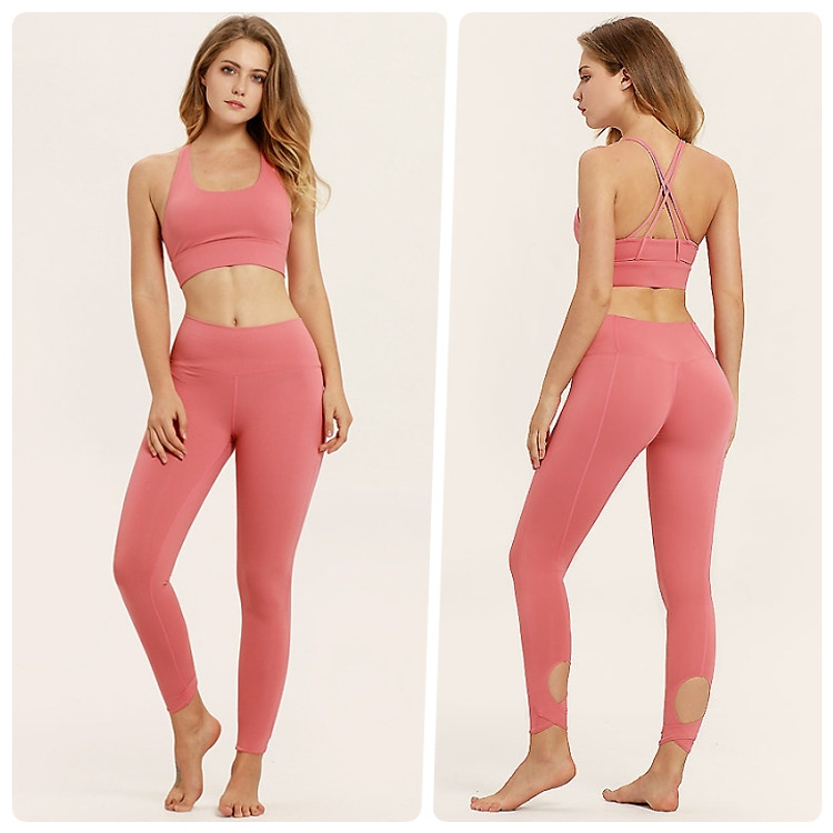 Bộ Đồ Tập Gym, Yoga Nữ Hàng Hiệu, Chất Đẹp, Màu Tây, Áo Bra Sẵn Mút, Quần Cạp Cao Co Dãn - HK34
