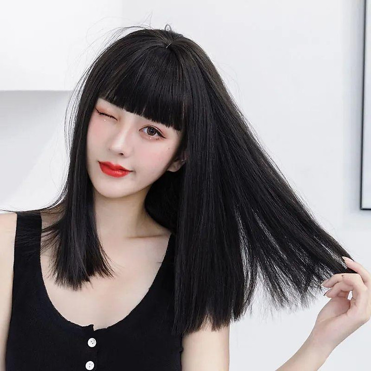 2023 Female wig Tóc giả nữ tóc giả nữ toàn bộ đầu truyện tranh tóc mái dài trung bình chân thực tóc thẳng siêu nhiên thời trang học sinh giảm tuổi tóc xương đòn