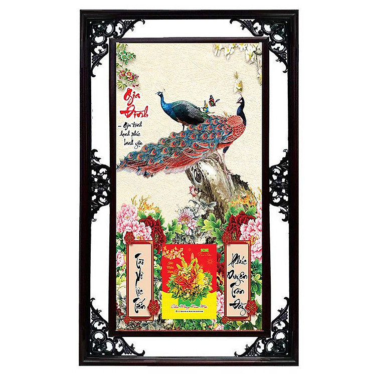 In Lịch Tết Cao Cấp 2021 Chim Công 03 Khung Đôi (50x82 Cm)