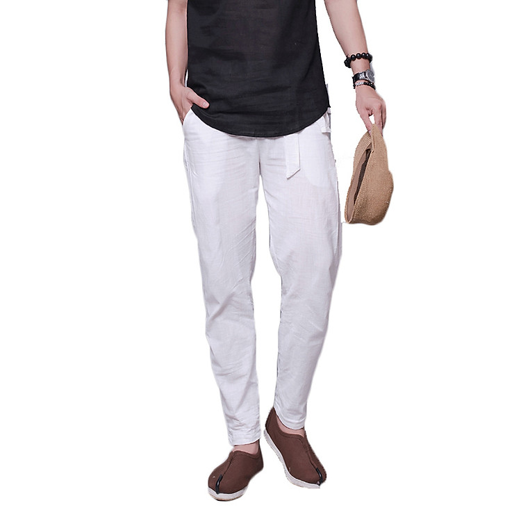 Quần đũi nam dáng baggy có đai rời trắng