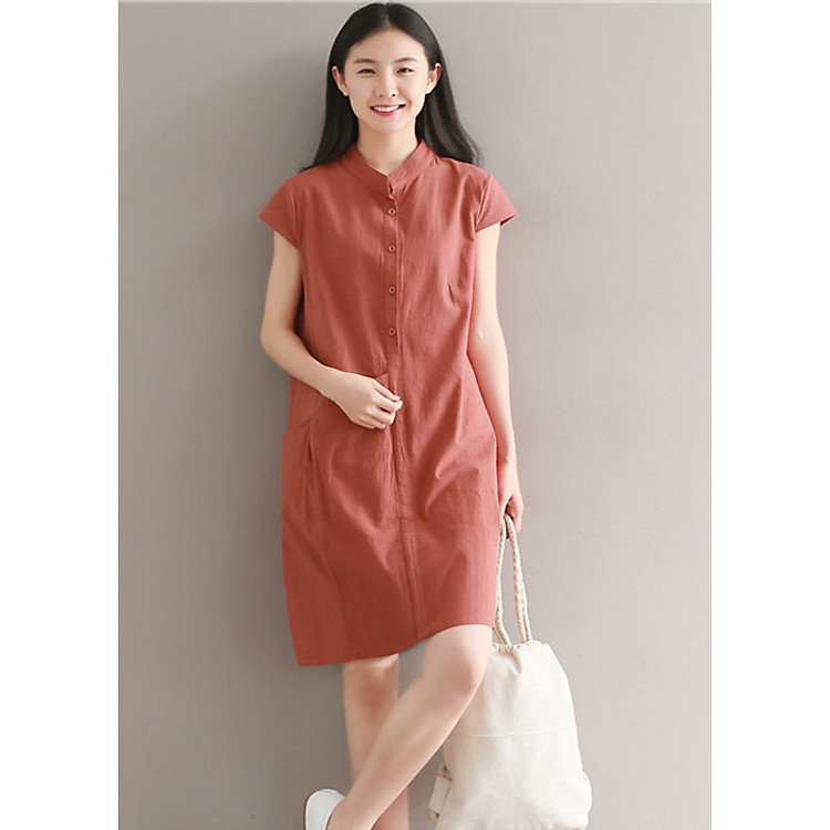 Đầm suông chất đũi cổ trụ phối túi bên hông, chất vải mềm mát thích hợp mùa hè, thời trang Hàn Quốc
