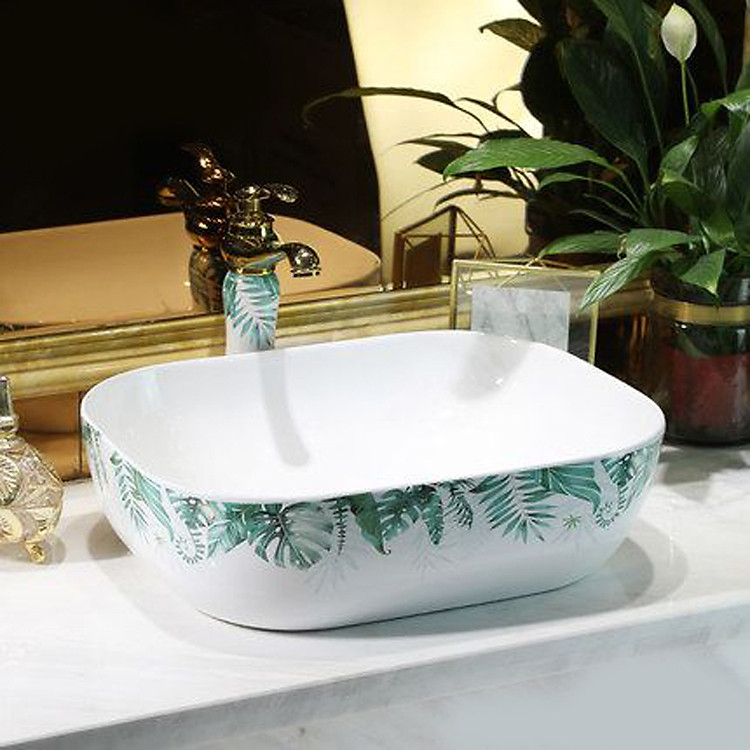 Chậu rửa lavabo gốm sứ nghệ thuật LAV0066 – Họa tiết lá cây xanh mát