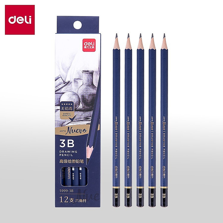 Hộp 12 cây bút chì phác thảo chuyên nghiệp Deli S999 độ cứng từ HB - 14B