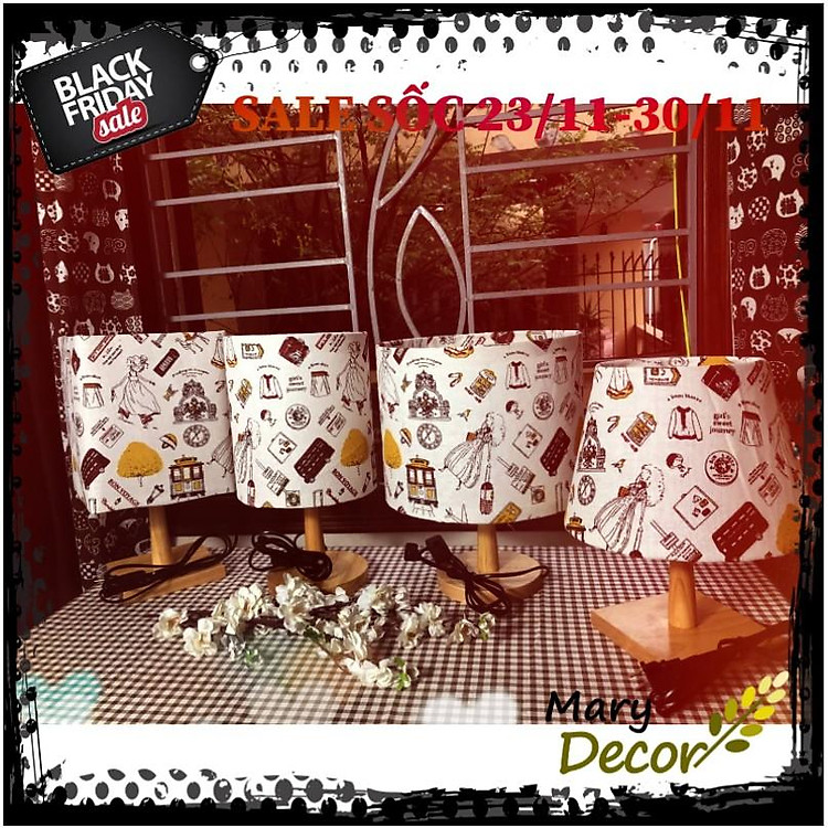 Đèn ngủ DB-K05 - HÀNH LÝ, đèn bàn ngủ chân gỗ cao cấp, chao vải bố linen dễ thương, công tắc bật tắt, kèm bóng